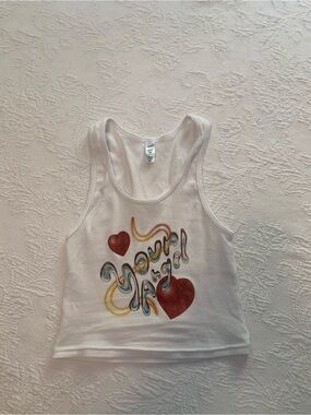 Los Angeles Apparel White Ribbed Tank with Multicolor Heart Graphic